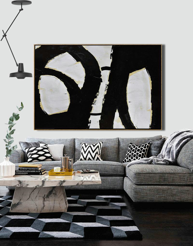Large Canvas Wall Art For Sale,Horizontal Palette Knife Minimal Canvas Art Painting Black White Beige - Hand Made Original Art